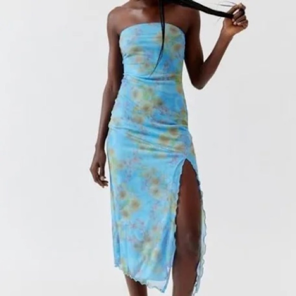 Urban Outfitters Blue Floral Strapless Dress with Slit NWT